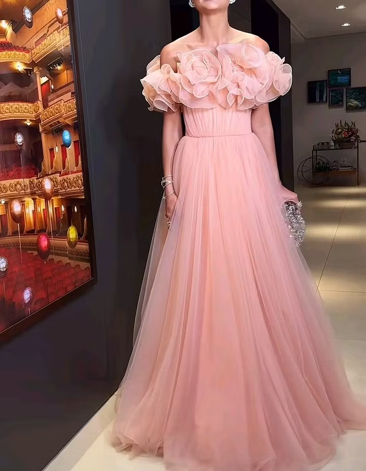 Light Pink Tulle Off-the-Shoulder Ruffle Waist-Cinched Maxi Dress