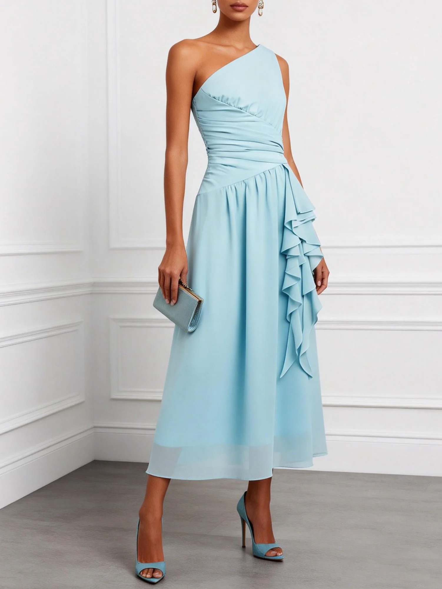 Light Blue Ruffled Ruched Chiffon One Shoulder Sleeveless A-Line Maxi Dress