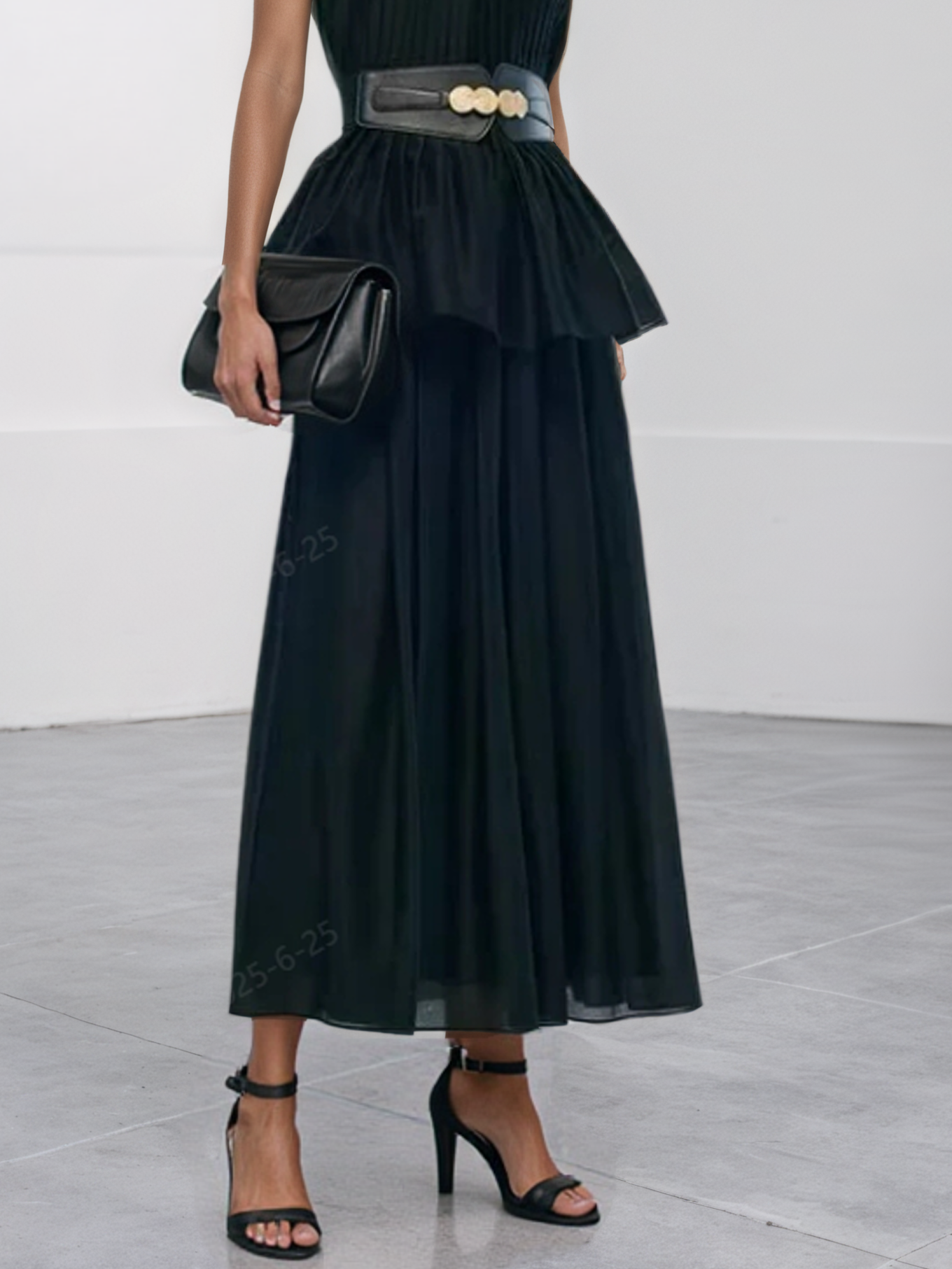 Women Black Lyocell Pleated Crew Neck Sleeveless Dressy Top With Skirt Two-Piece Set