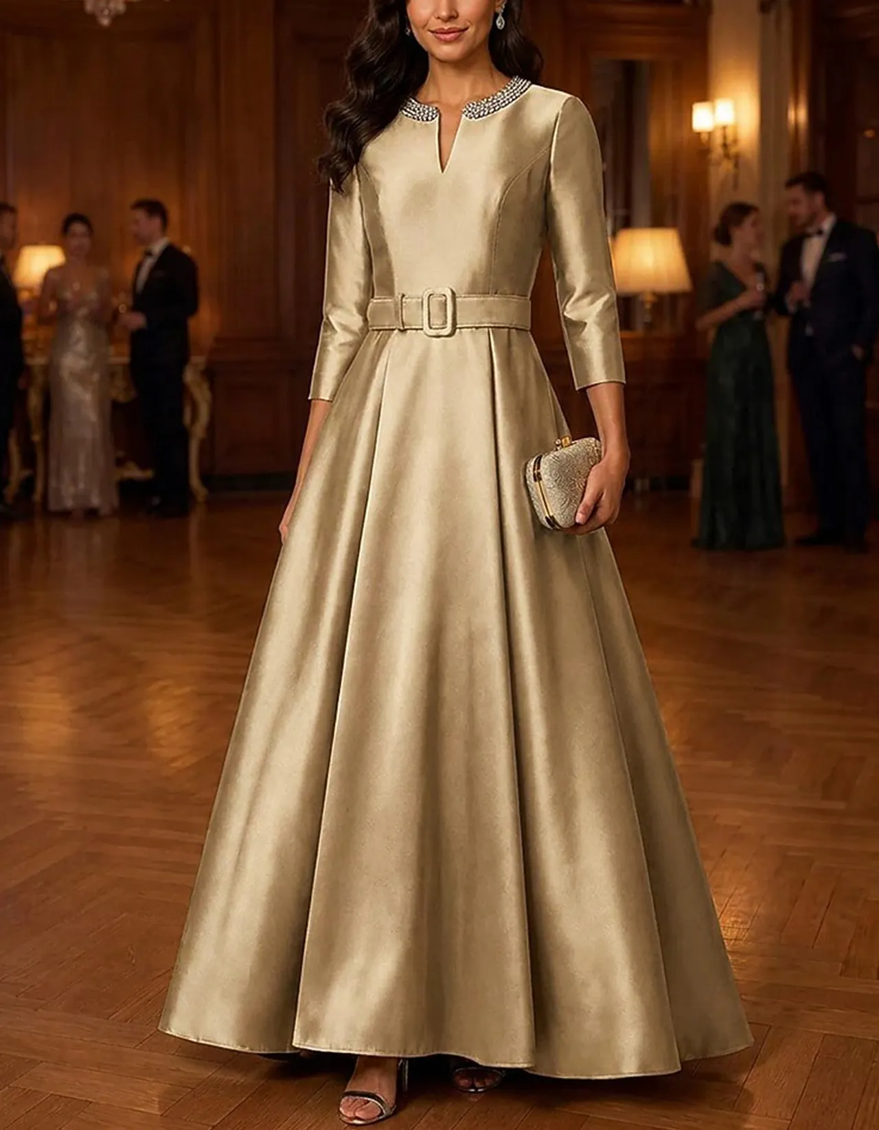 Satin Sequin Neck Belted 3/4 Sleeve A Line Maxi Dress