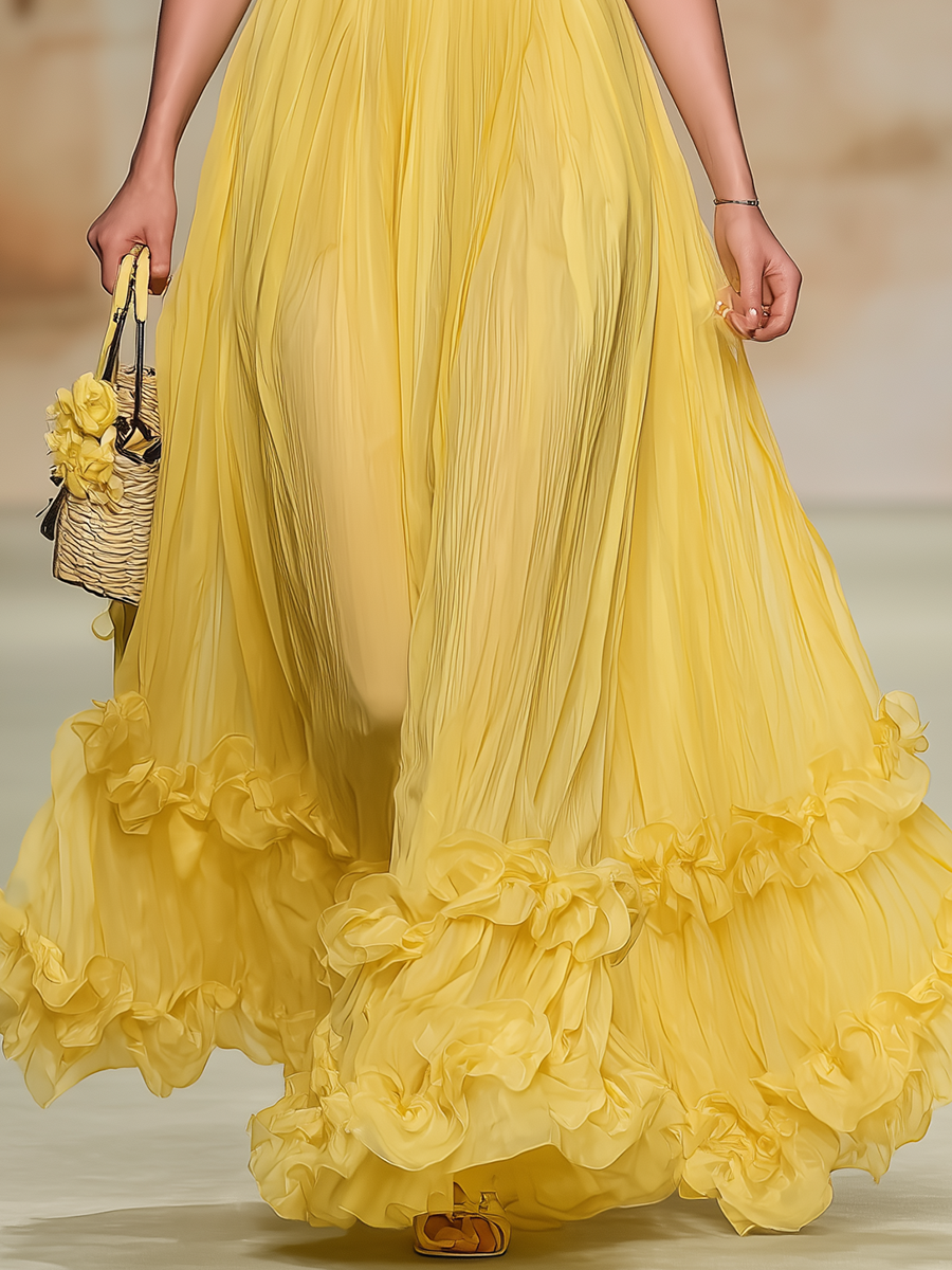 Yellow Casual And Comfortable Halter-neck Sleeveless Chiffon Long Dress