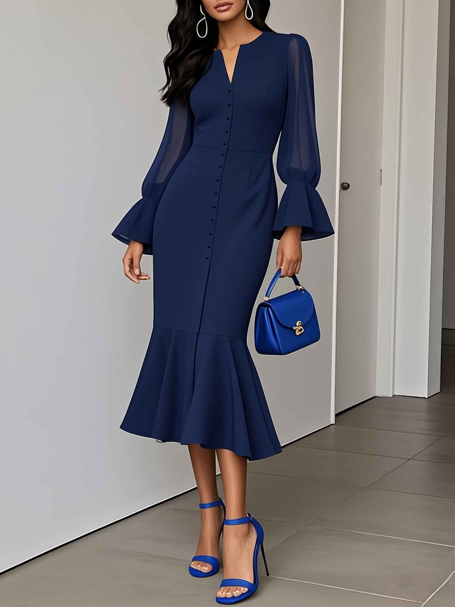 Purplish blue Buckle Classic V Neck Long Sleeve Bell Sleeve Mermaid Midi Dress