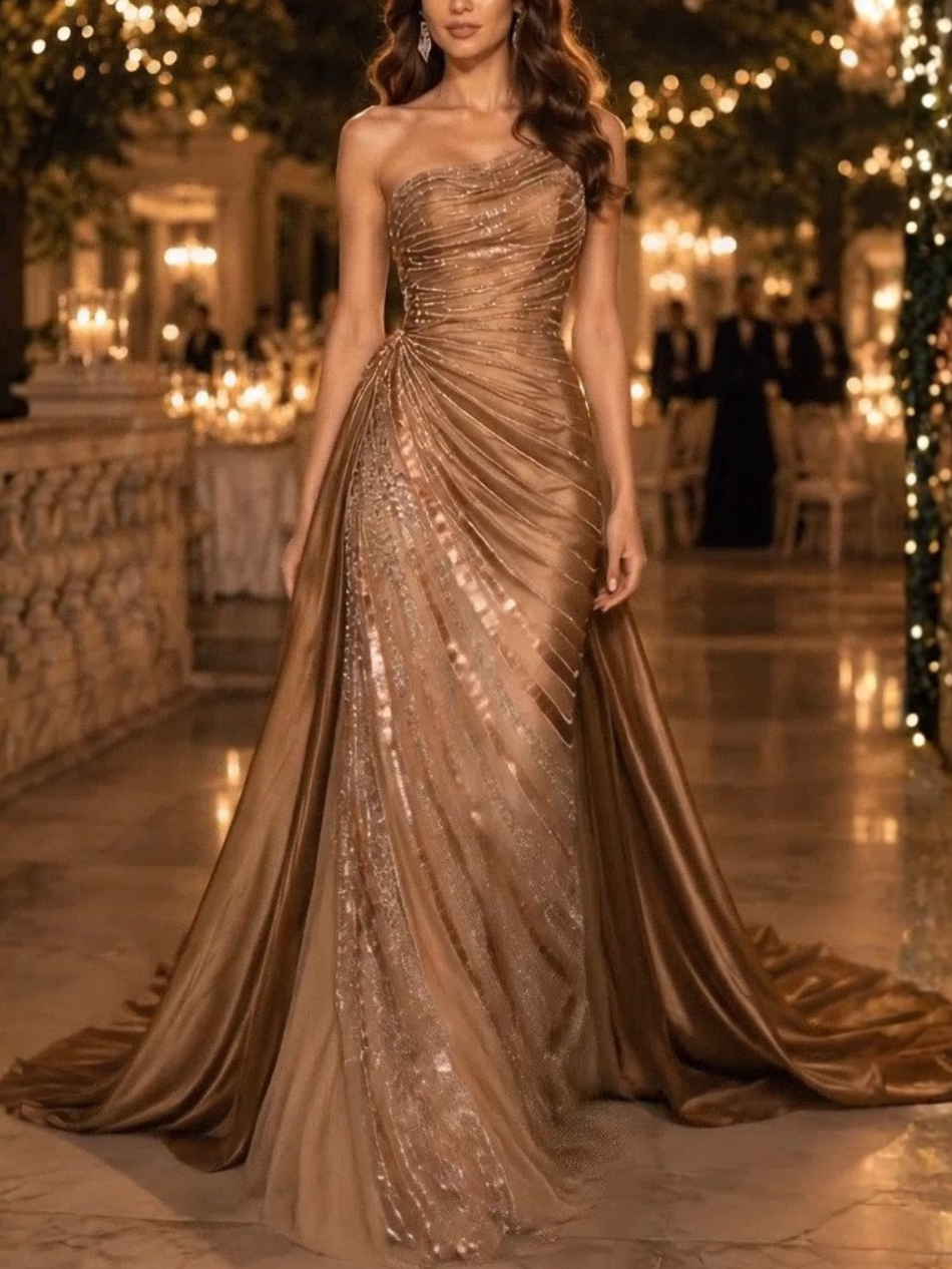 Champagne Bronze Strapless Beaded Draped Satin Overskirt Mermaid Train Evening Gown