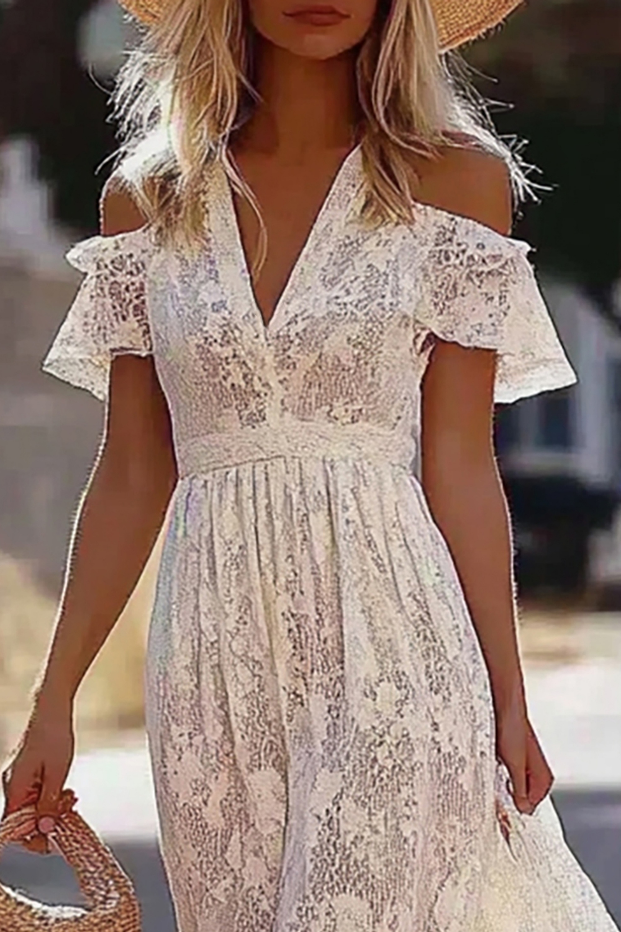Bohemian Vacation Dress White Lace V-Neck Off-The-Shoulder Maxi Dress