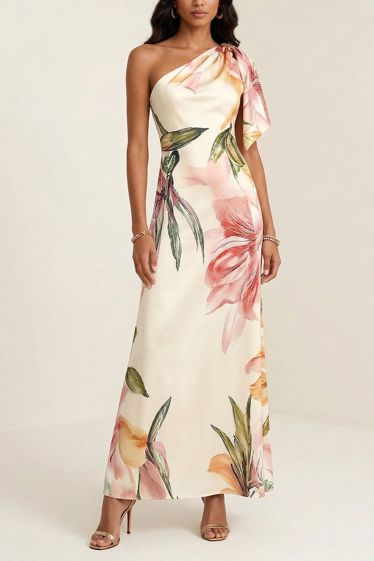 Cream Blush Floral One-Shoulder Satin Maxi Gown