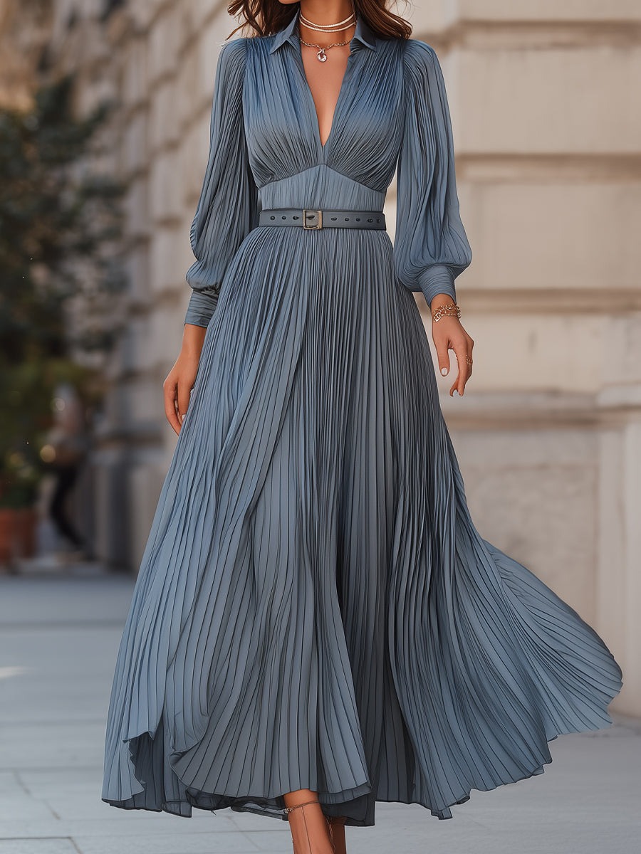 Steel Blue Deep V-Neck Lantern Sleeve Pleated Dress 