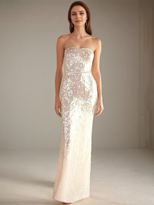 Formal Sequin Strapless Dress Light Pink Form-Fitting Floor-Length Gown