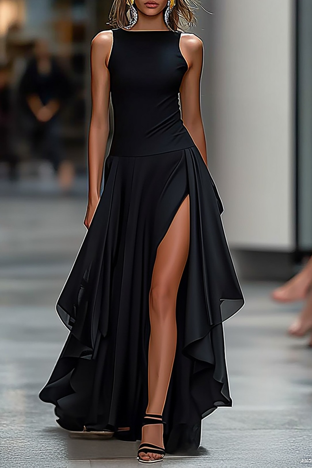 Elegant Black Sleeveless Dress High Slits Slim Fit Chic Midi Dress