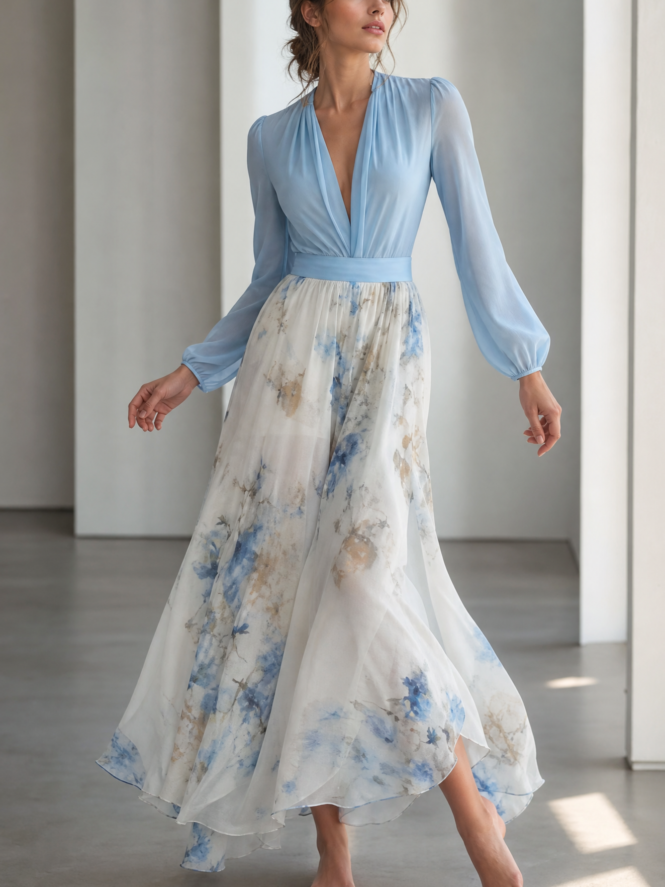 Light Blue Floral Chiffon Long Sleeve Flowy Maxi Evening Dress