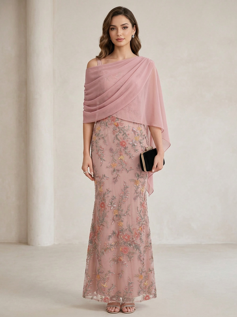 Blush Pink Floral Beaded Mermaid Formal Dress With Sheer Chiffon Cape