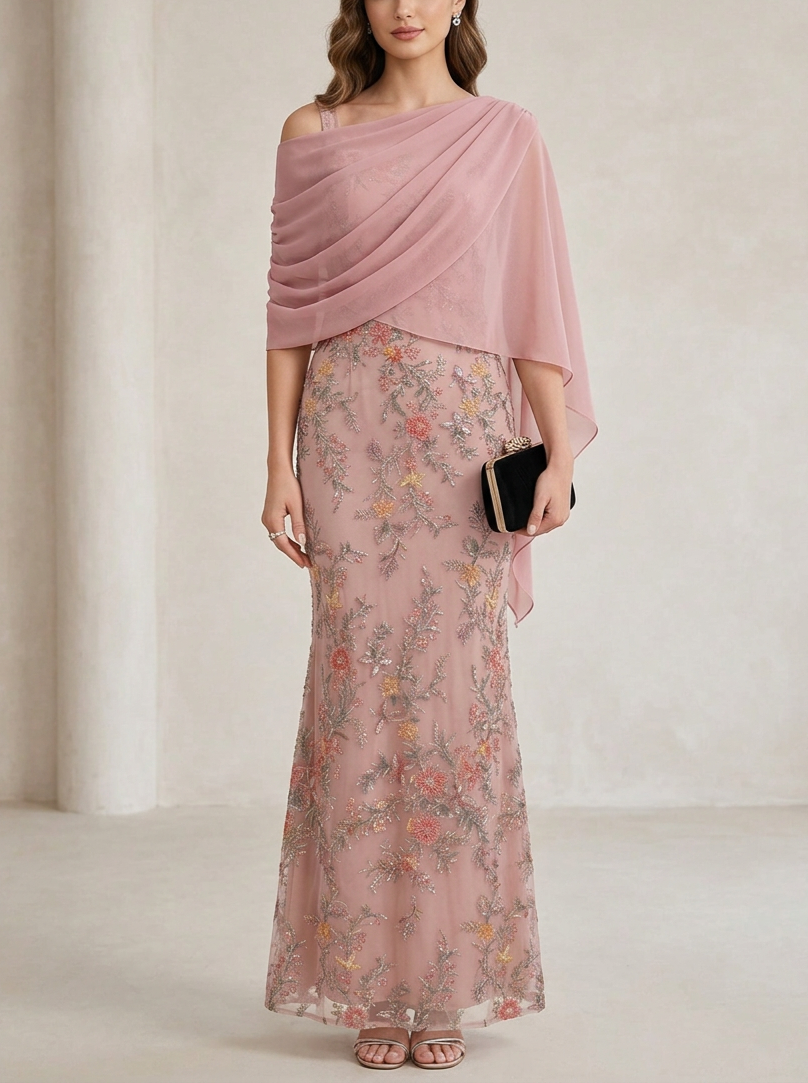 Blush Pink Floral Beaded Mermaid Formal Dress With Sheer Chiffon Cape
