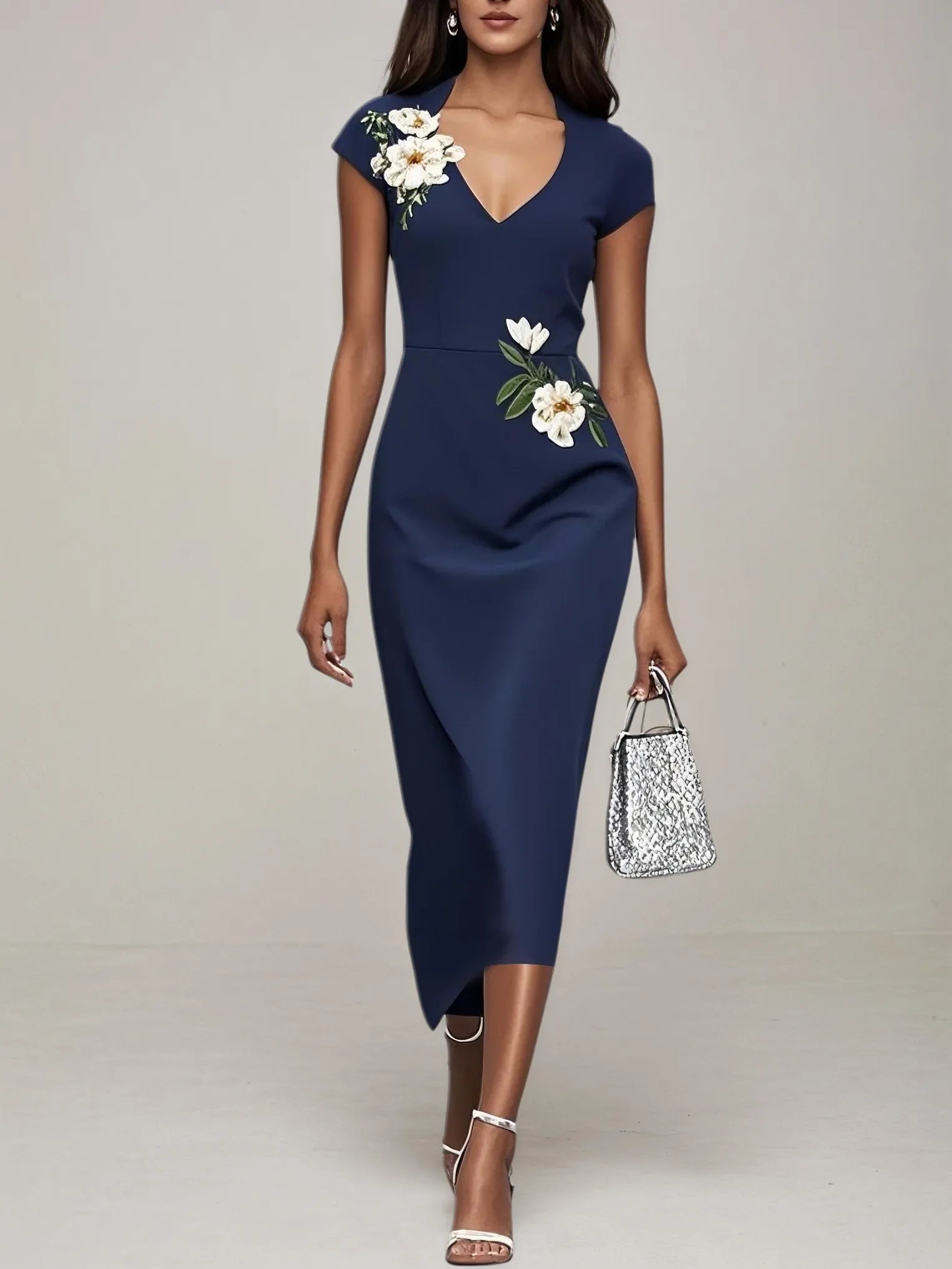 Purplish Blue Embroidery Applique Sheath Midi Dress