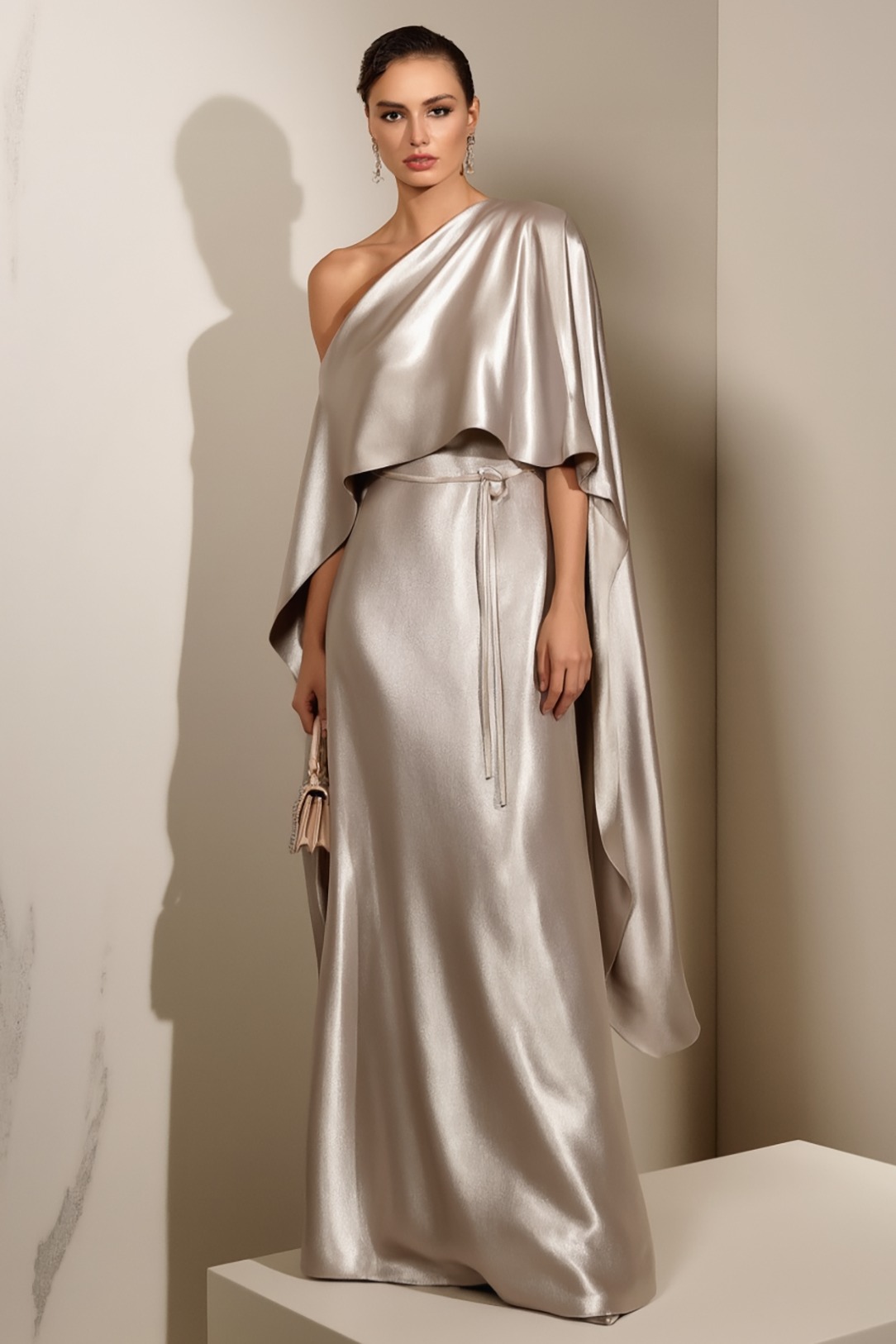 Formal Evening Dress Silver Satin One Shoulder Cape Maxi Gown