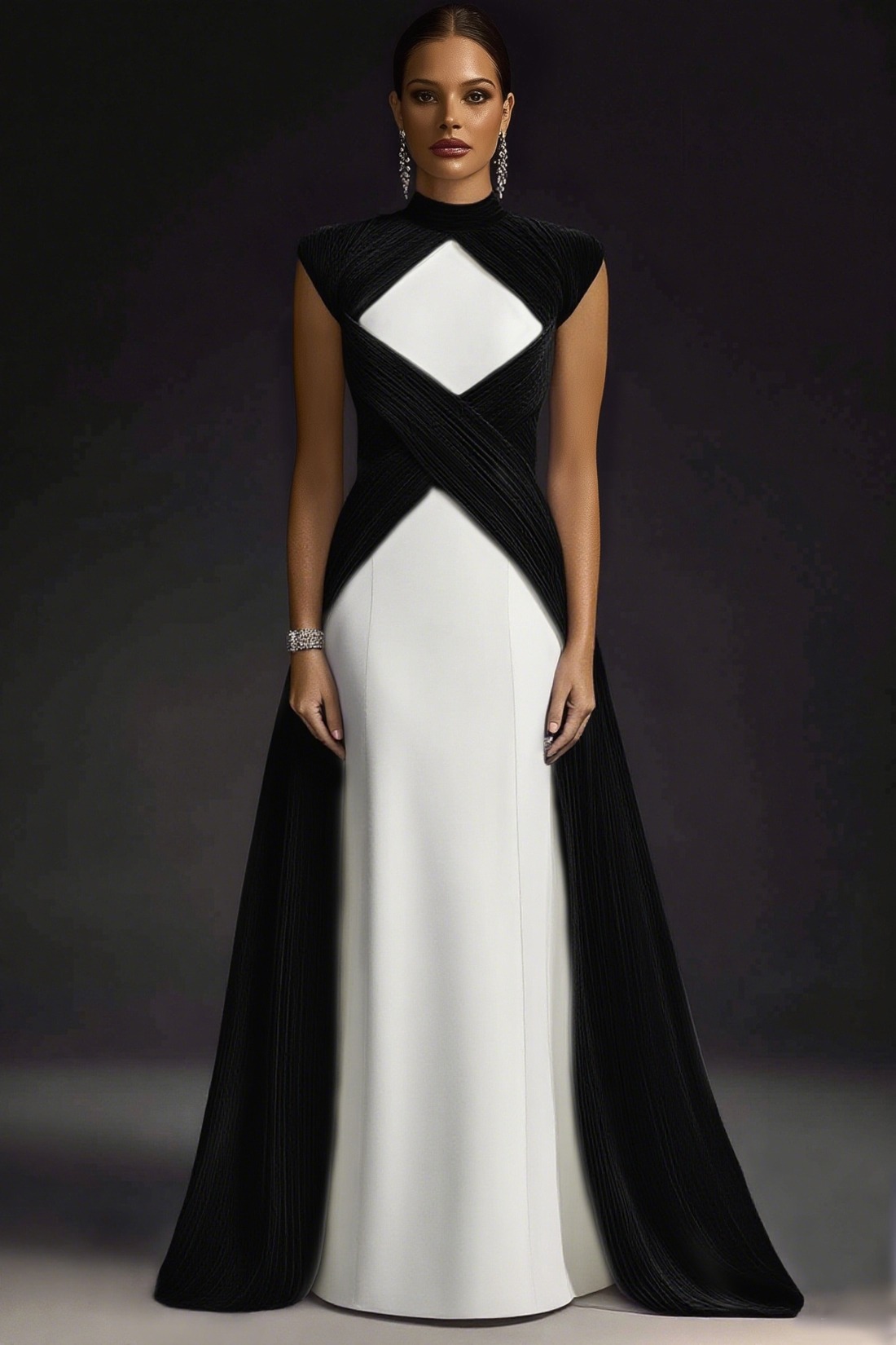 Formal Evening Dress Purple Stand Collar Pleated Train Maxi Gown