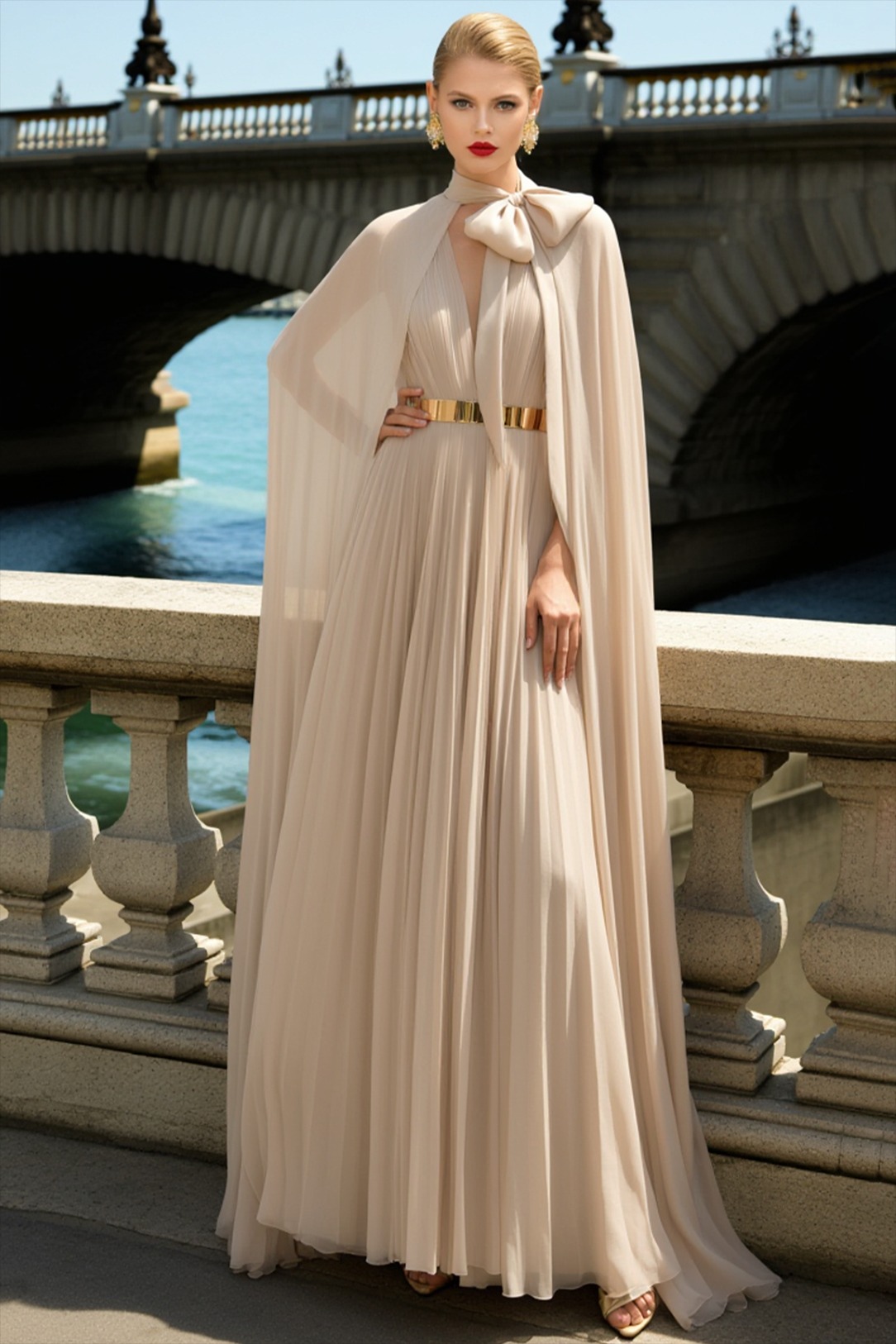 Evening Formal Dress Beige Chiffon Sleeveless Maxi Dress with Cape