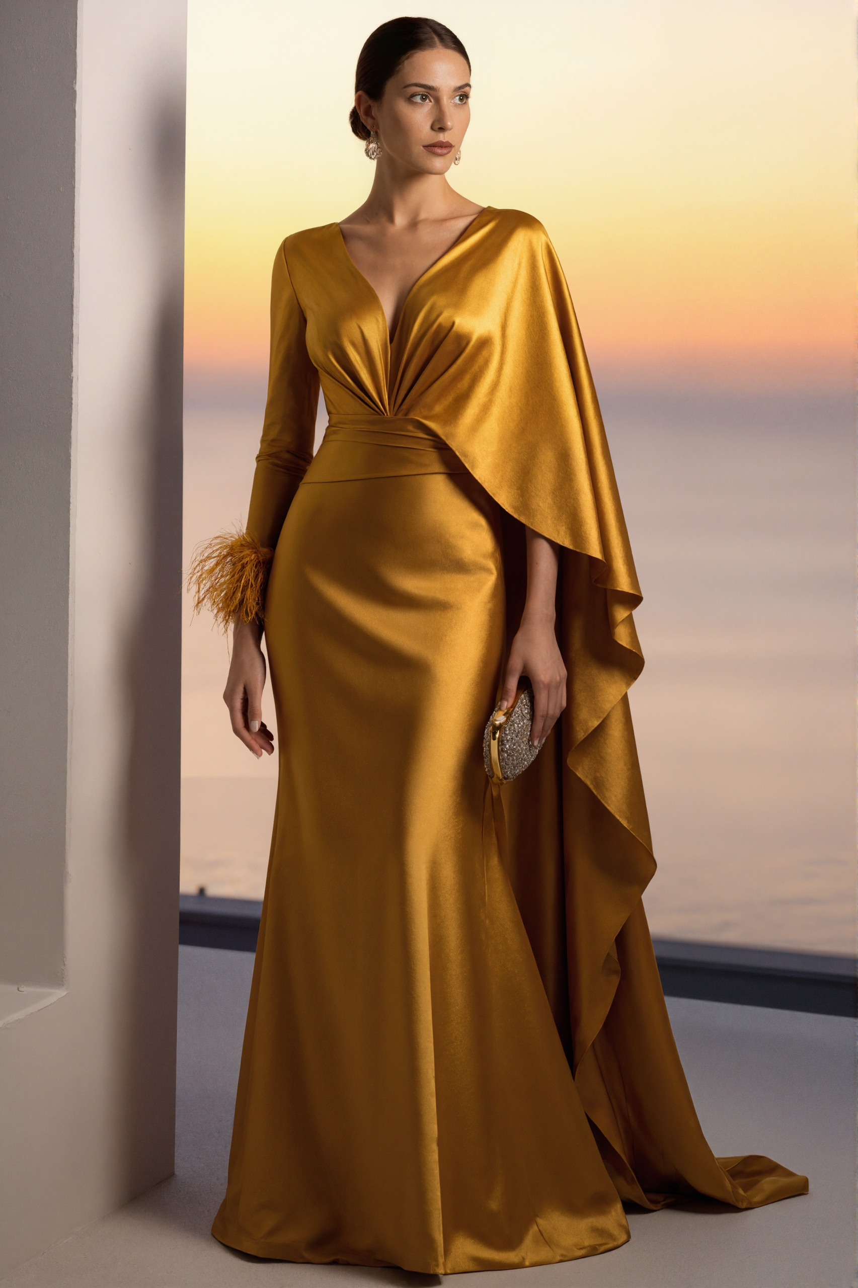 Evening Formal Golden Satin Dress V Neck Long Sleeve Cape Maxi Gown