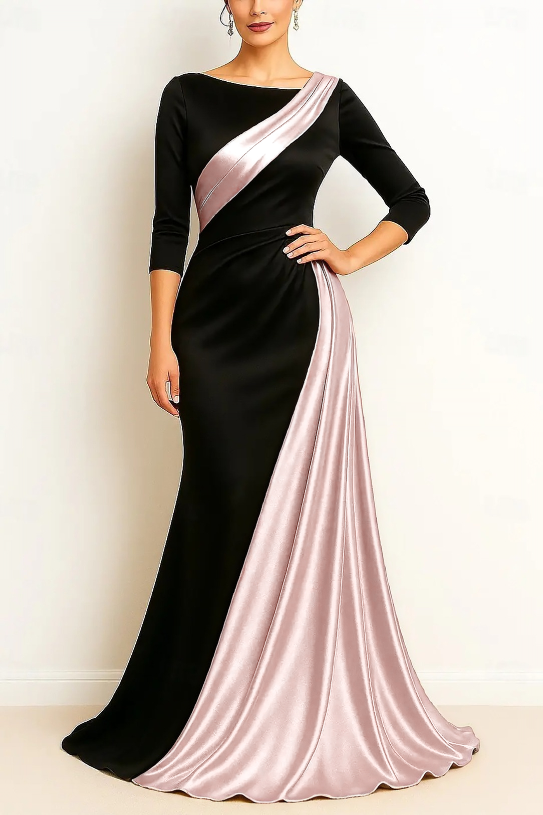 Formal Evening Dress Black & Gold 3/4 Sleeve Ruched Maxi Gown