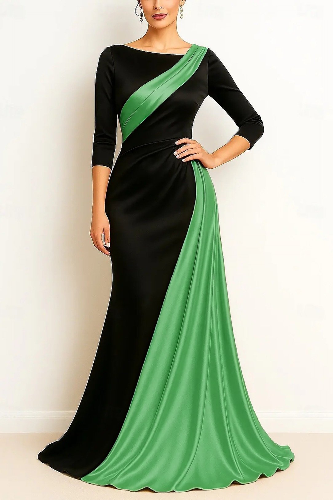 Formal Evening Dress Black & Gold 3/4 Sleeve Ruched Maxi Gown