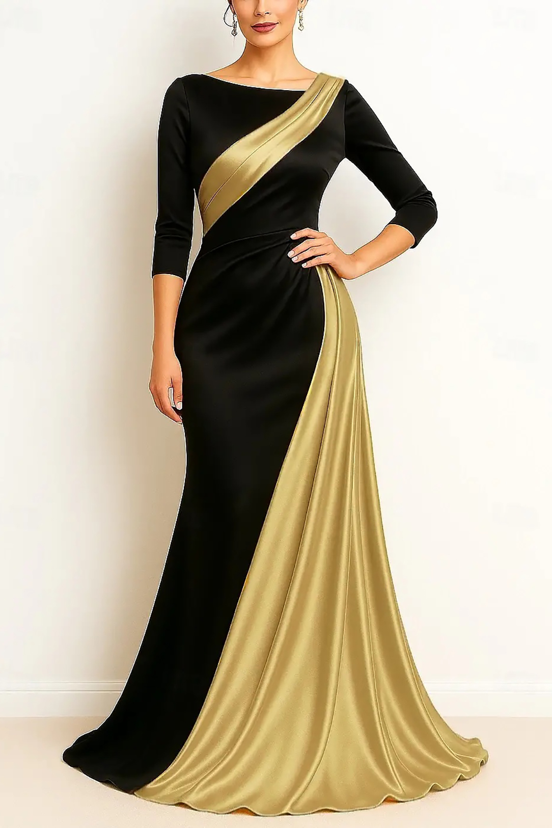 Formal Evening Dress Black & Gold 3/4 Sleeve Ruched Maxi Gown