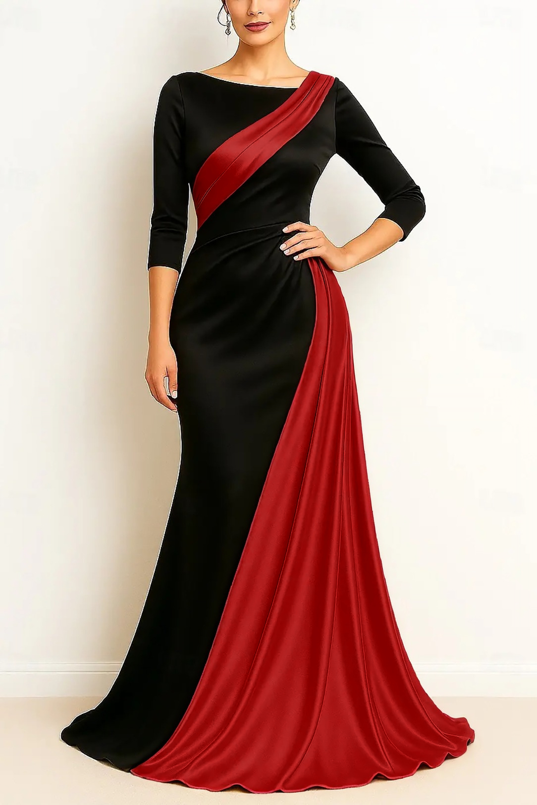Formal Evening Dress Black & Gold 3/4 Sleeve Ruched Maxi Gown