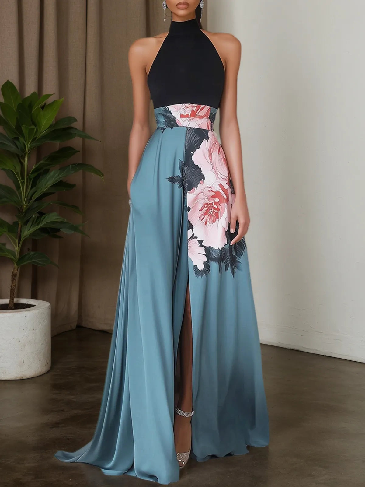 Black Slit Floral Satin Halter Sleeveless A-Line Maxi Dress