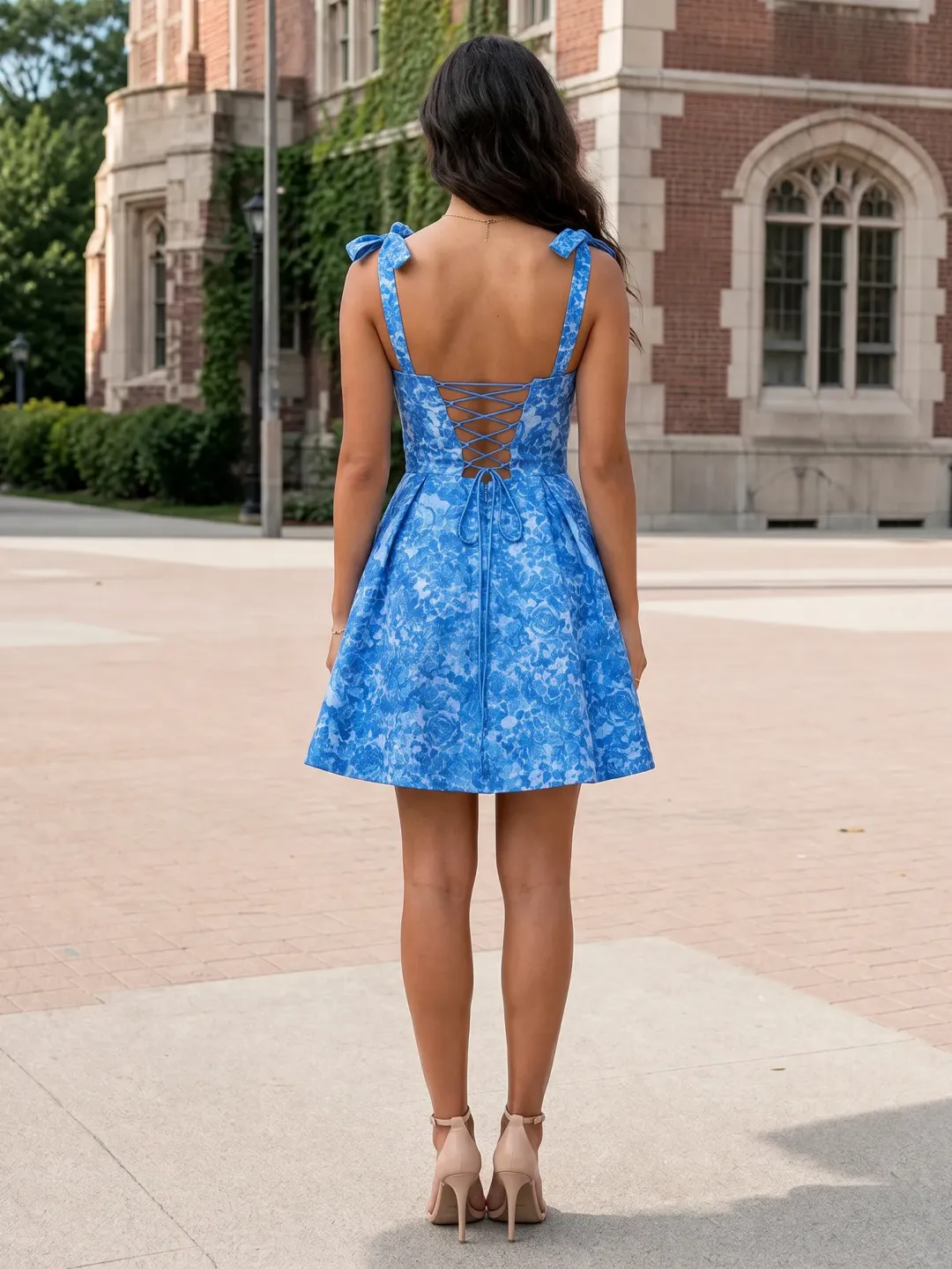 Blue Floral Print Bow-Strap Corset Homecoming Dress