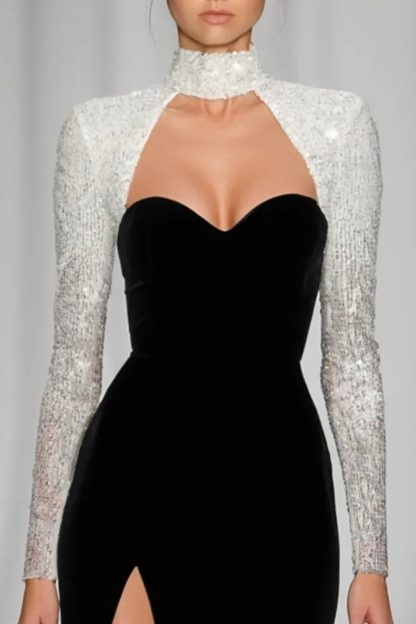 Evening Dress Set Black Strapless Velvet Slit Maxi Dress with Sequin Bolero