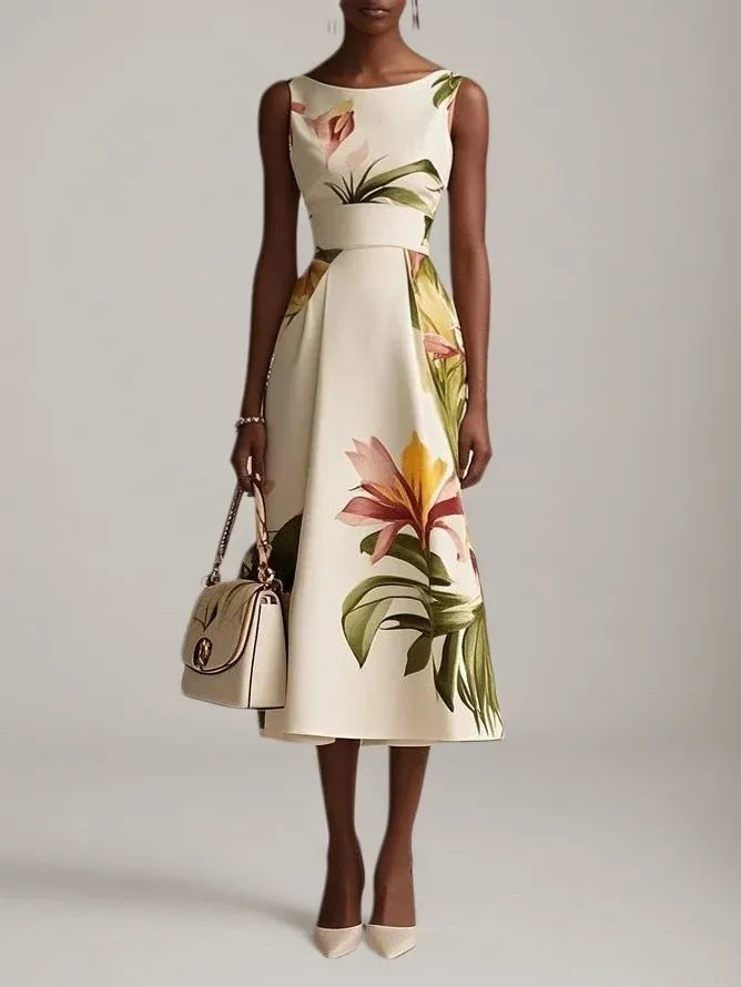 Beige Floral Boat Neck Sleeveless A-Line Midi Dress