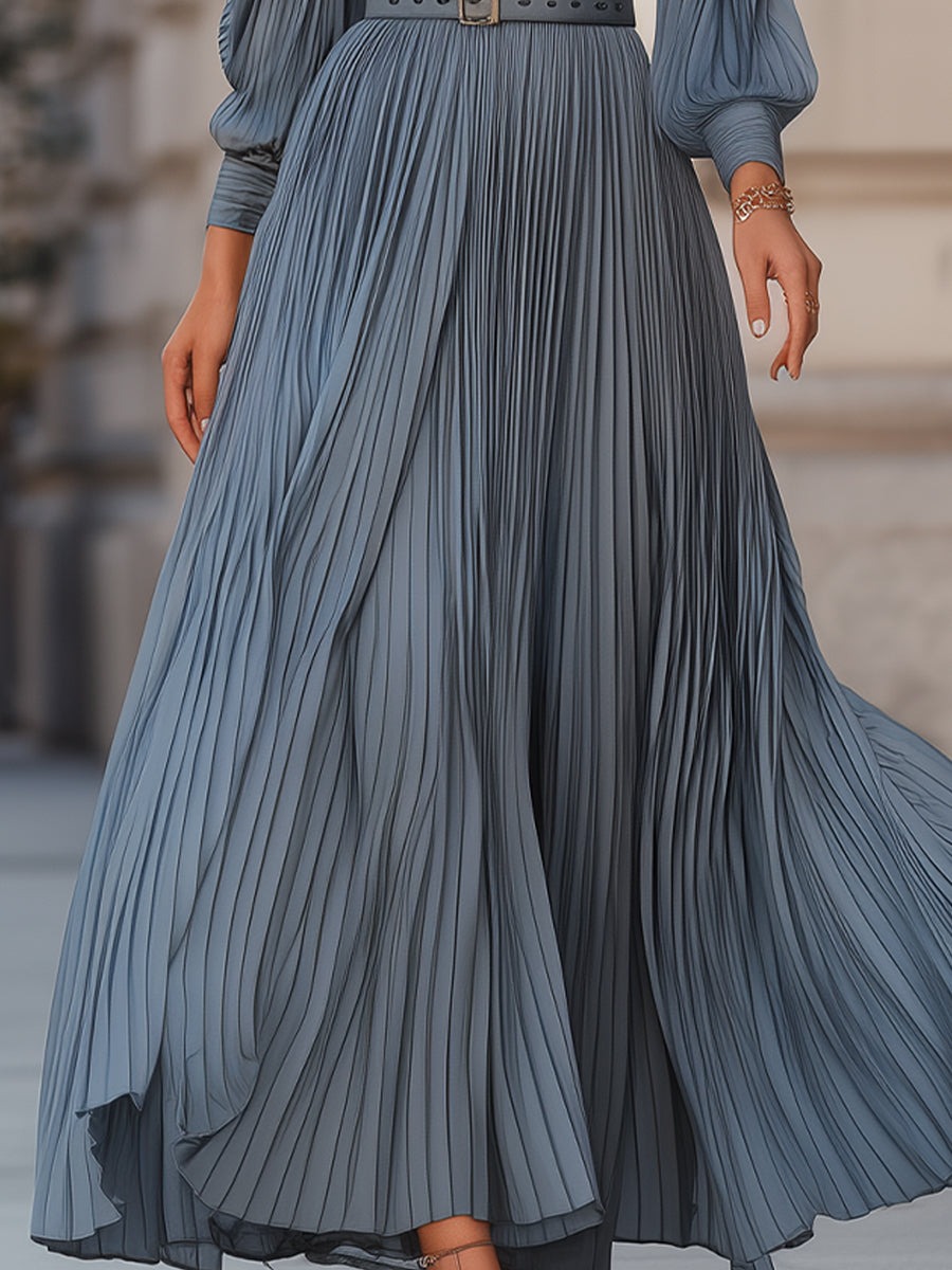 Steel Blue Deep V-Neck Lantern Sleeve Pleated Dress 