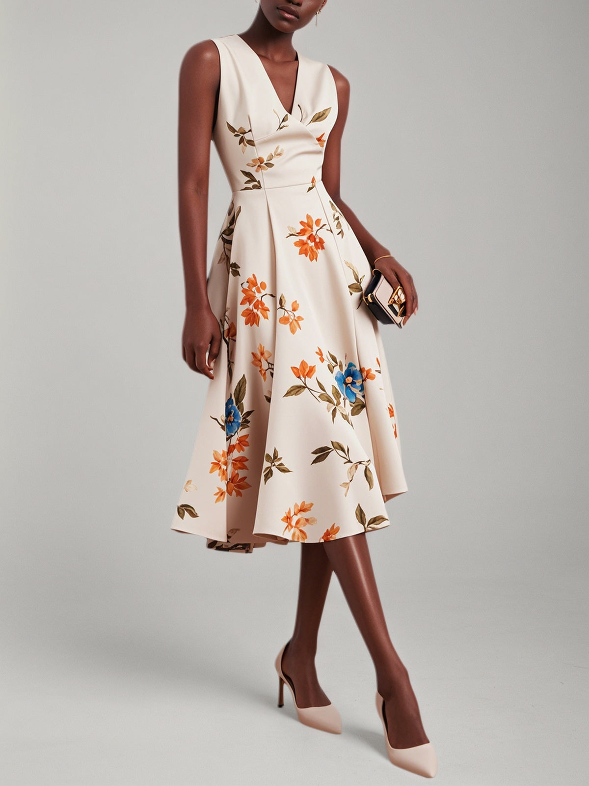 Beige Classic V Neck Floral Sleeveless A-Line Midi Dress