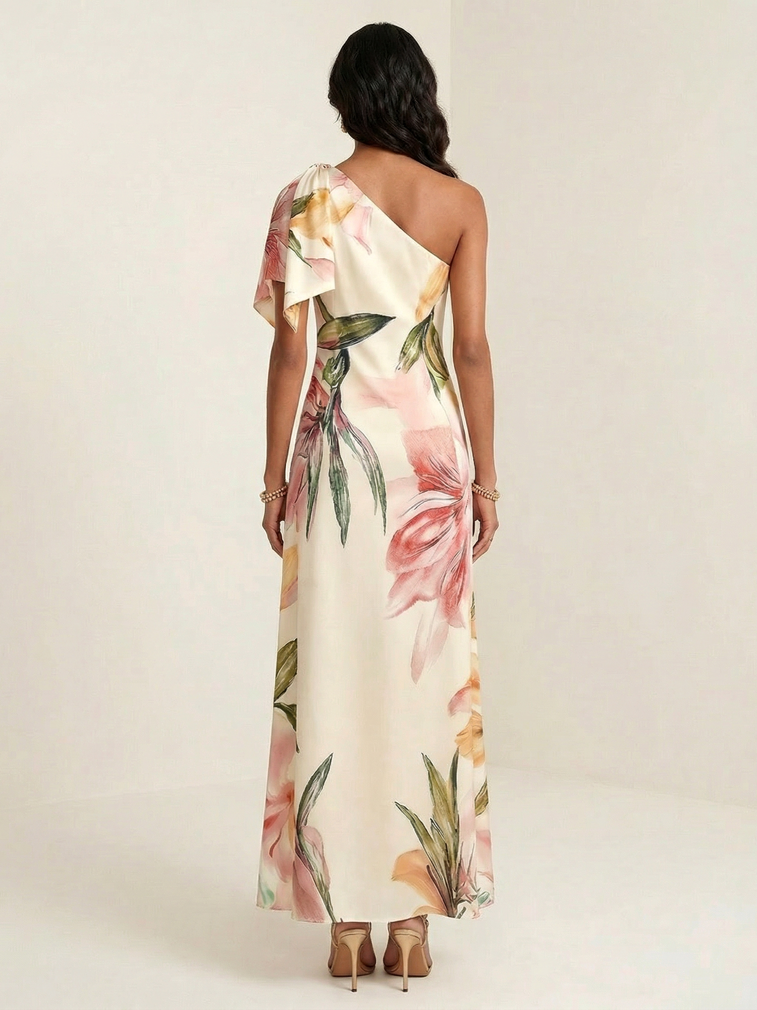 Cream Blush Floral One-Shoulder Satin Maxi Gown