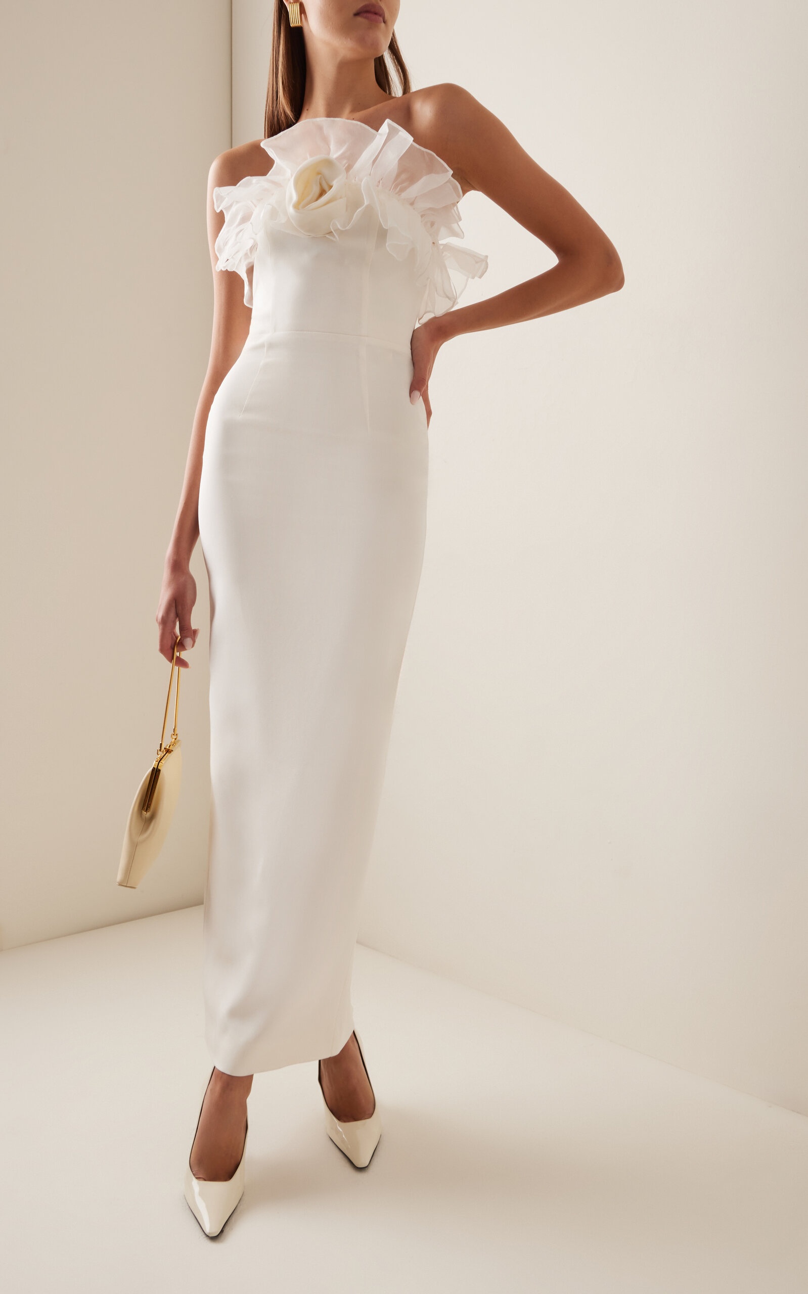 Ruffled Silk-Cady Midi Dress white