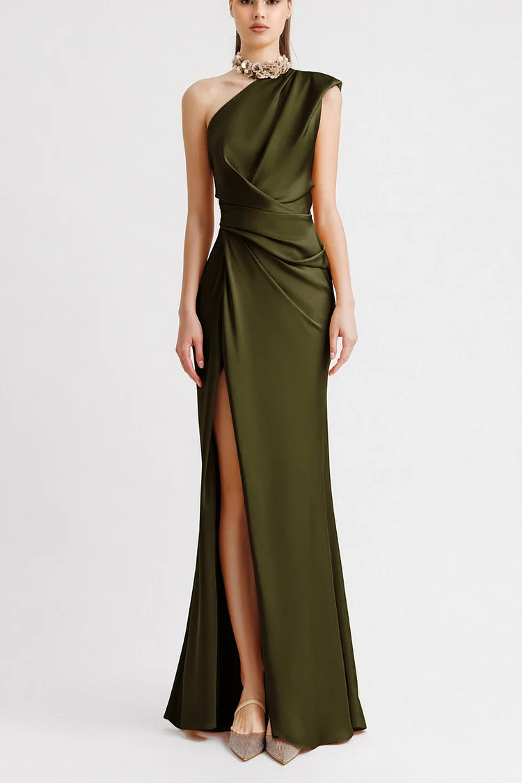 One-Shoulder Draped Olive Dress