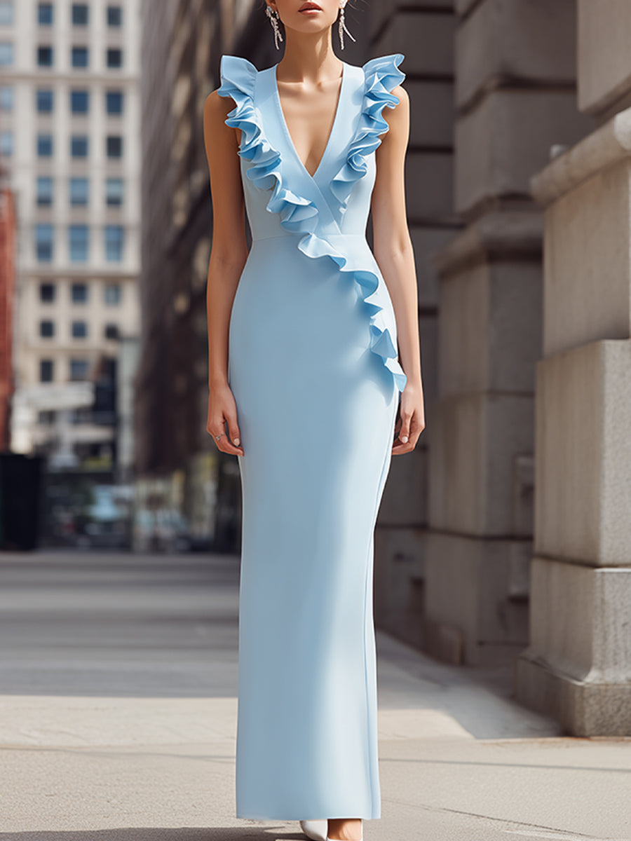 Ruffle Trim V-Neck Sleeveless Maxi Dress