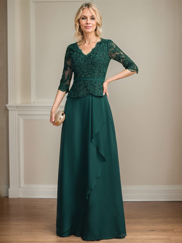 A-line V-Neck Floor-Length Lace Chiffon Mother of the Bride Dress With Cascading Ruffles Sequins