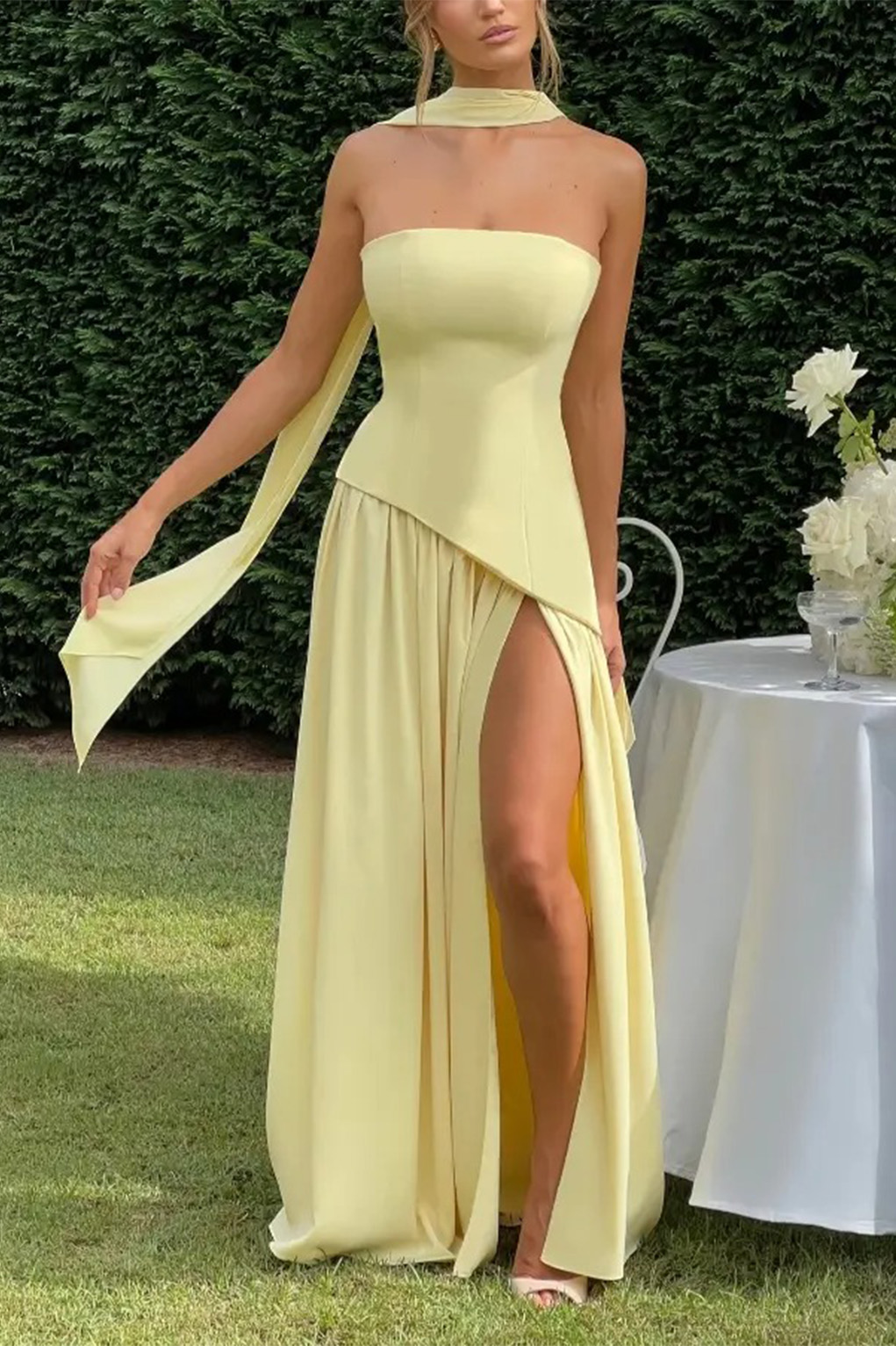 Strapless Slit Ribbon Maxi Dress