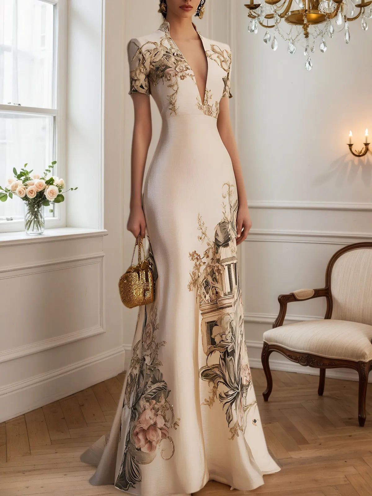 Beige Satin Floral Deep V Neck Short Sleeve Mermaid Gown Dress