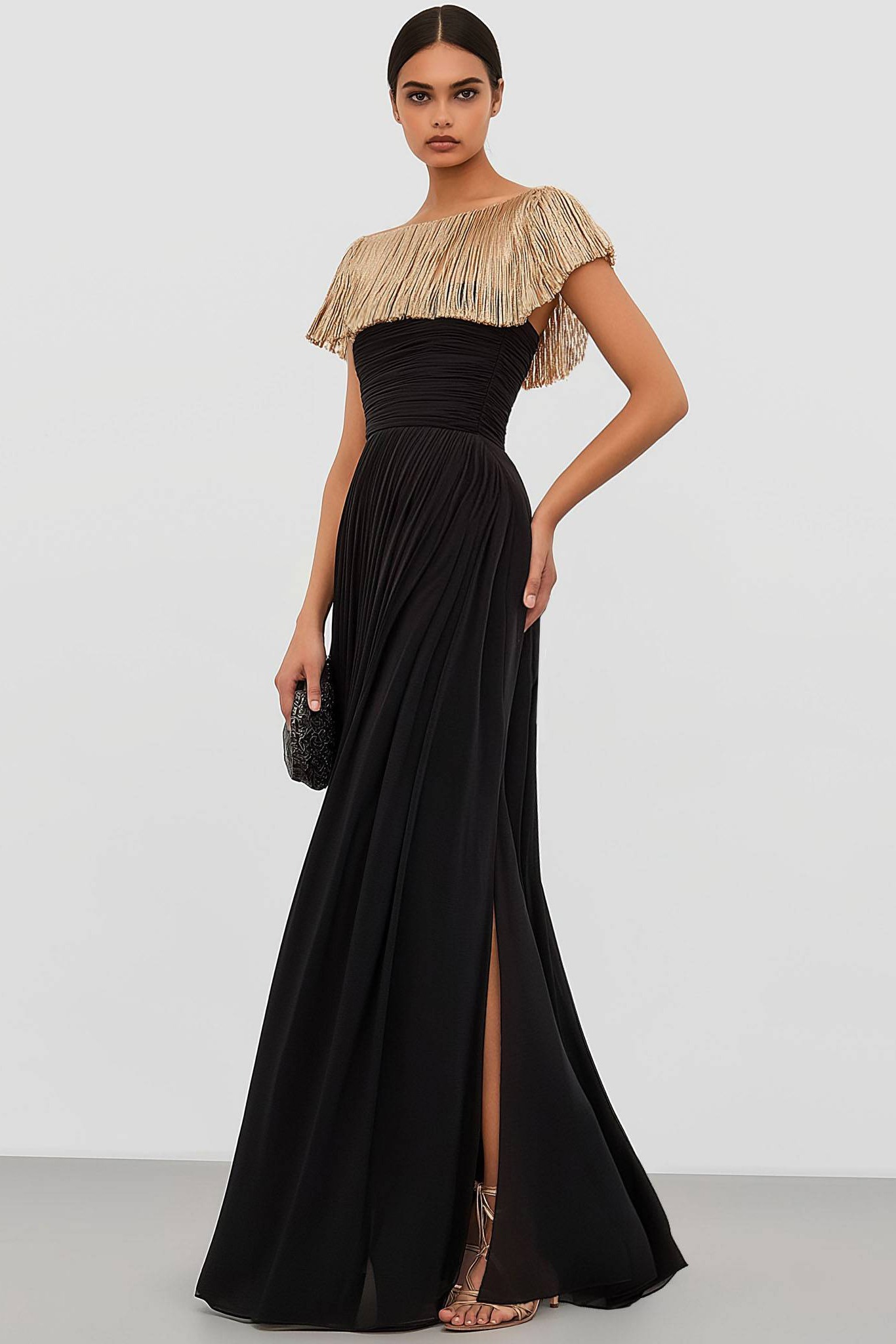 Formal Fringe Dress Boat Neck Black Gold Color Block Ruched Slit Gown