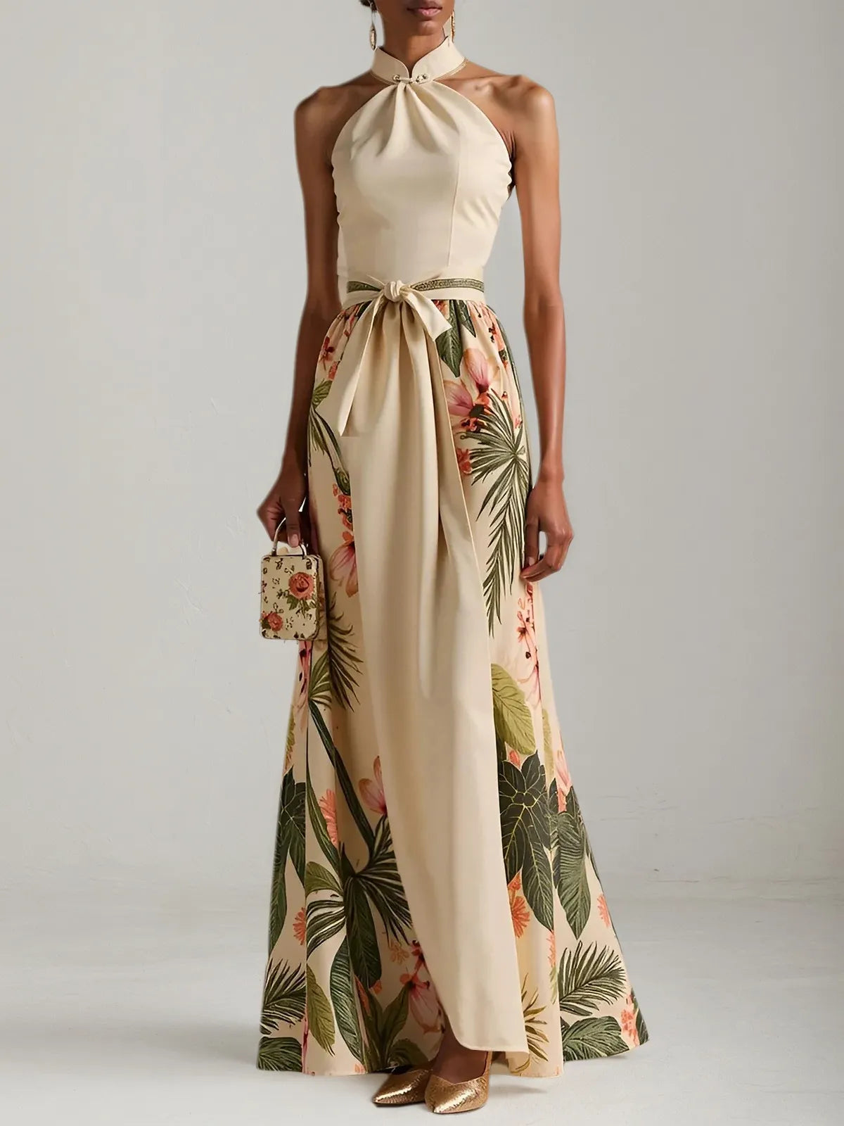 Beige Bow Classic Halter Floral Sleeveless A-Line Maxi Dress