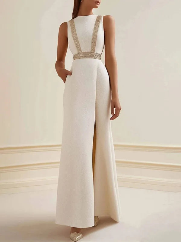 Semi-Formal Party Dress Beige Sleeveless Pocketed Side Slit Maxi Dress