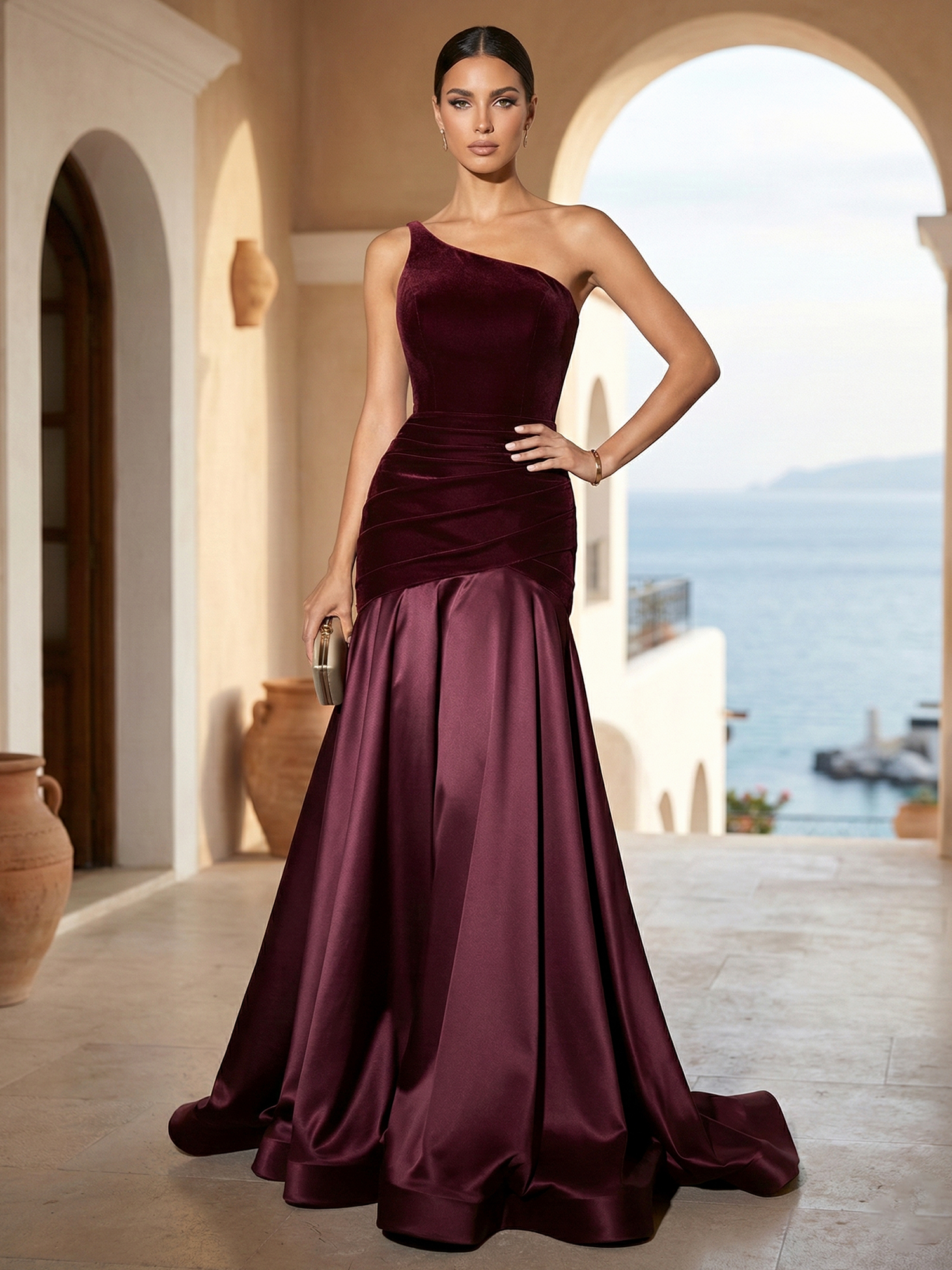 Burgundy Ruched Split Joint Velvet One Shoulder Sleeveless A-Line Gown Dress