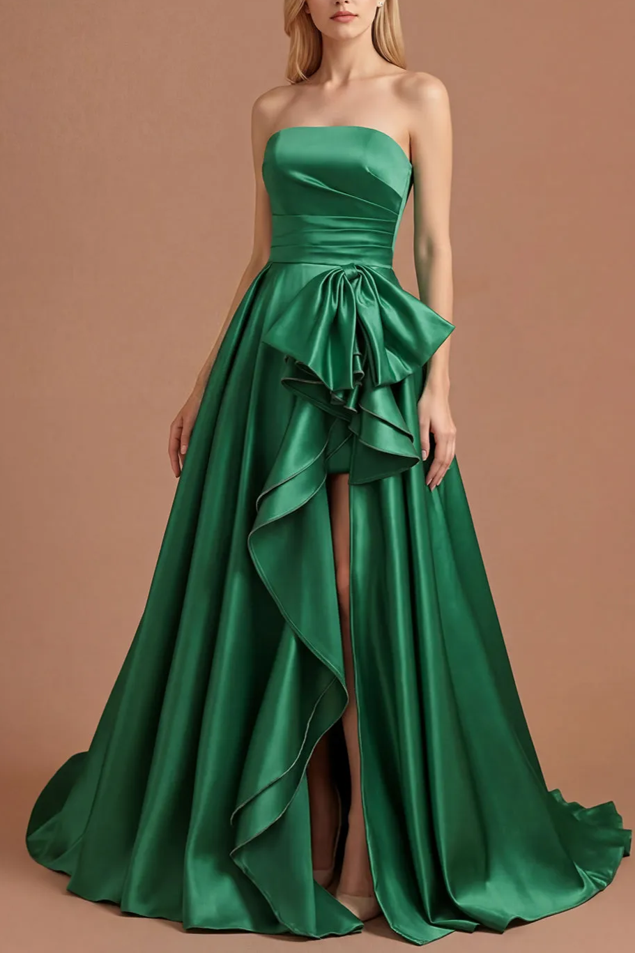 Dark Green A Line Ruched Strapless Long Prom Dress with Detachable Cape