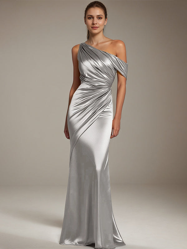 Formal Party Satin Dress Silver One-Shoulder Pleated  Floor-Length Dress