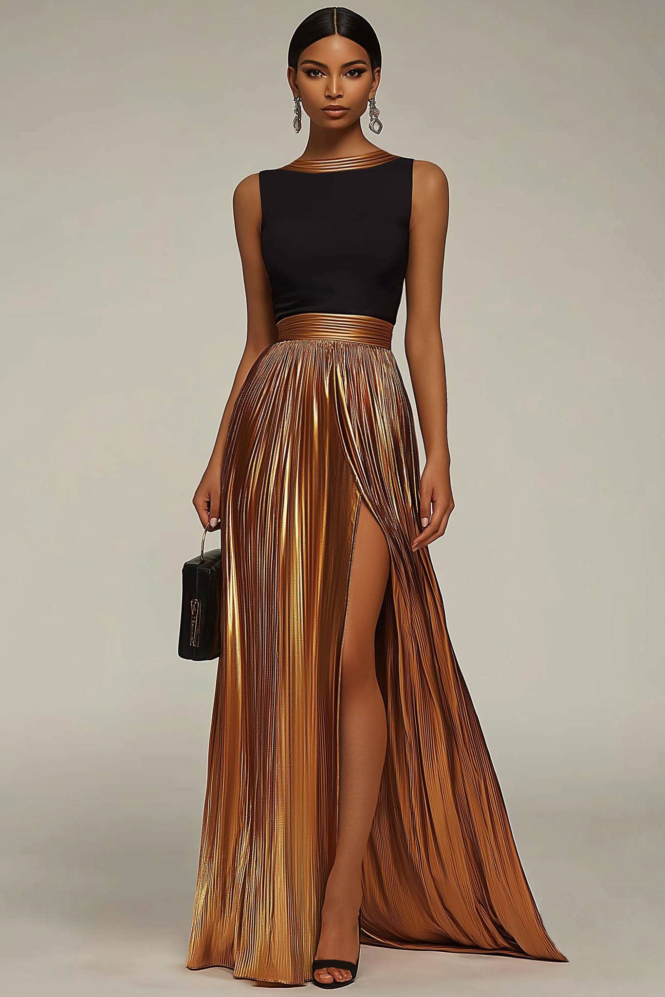 Evening Formal Dress Black Gold Round Neck Sleeveless Pleated Maxi Dress