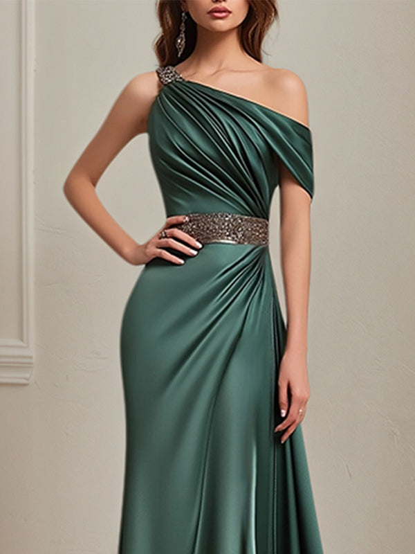 Formal Dress Green One Shoulder Rhinestone Waist Belt Floor Length Dress