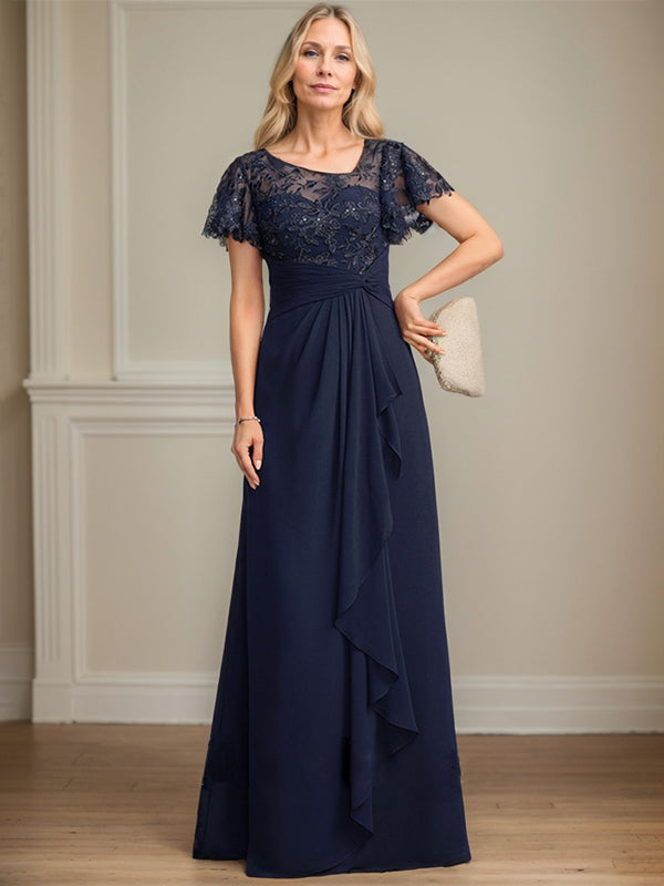 A-line Asymmetrical Illusion Floor-Length Lace Chiffon Mother of the Bride Dress With Cascading Ruffles Sequins