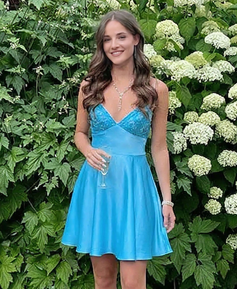 Blue A Line V-neck Beaded Back Tie Short Homecoming Mini Dress