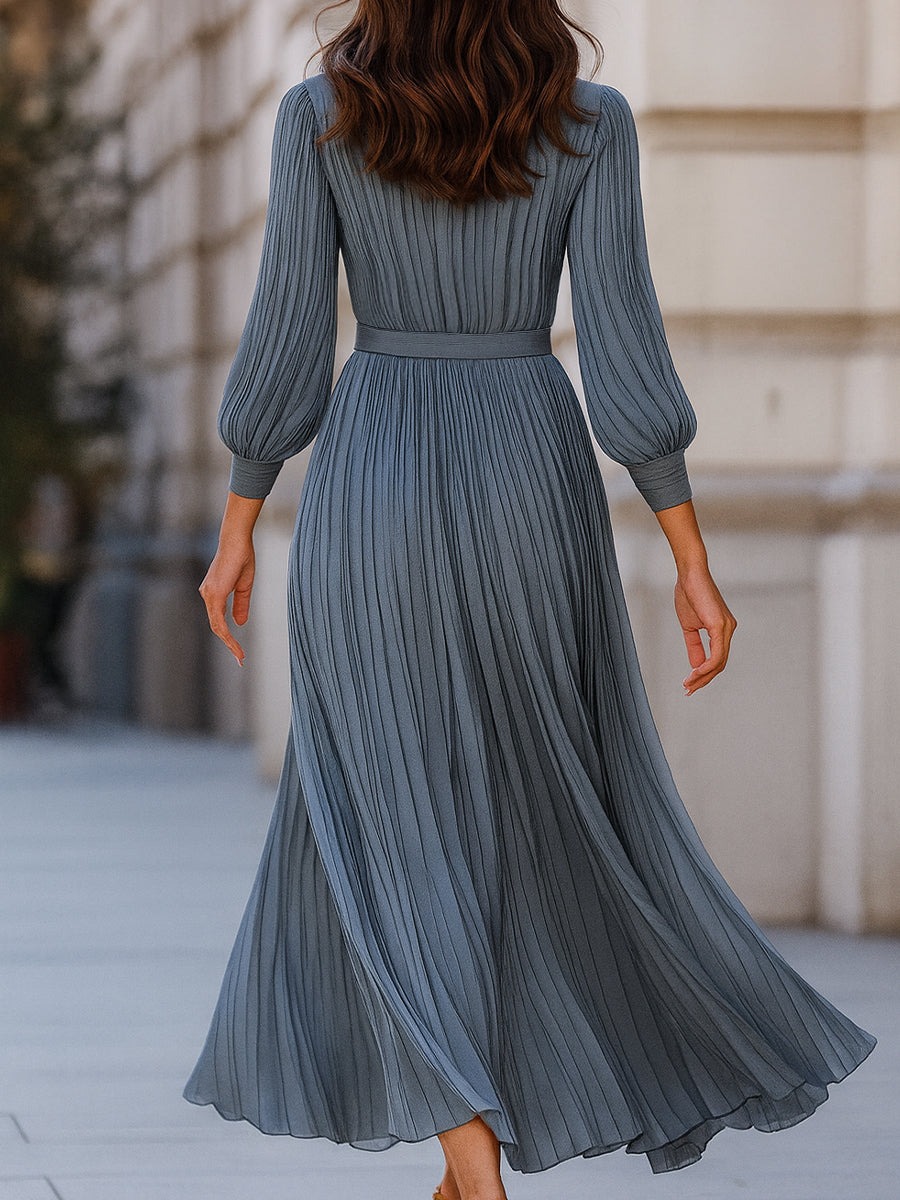 Steel Blue Deep V-Neck Lantern Sleeve Pleated Dress 