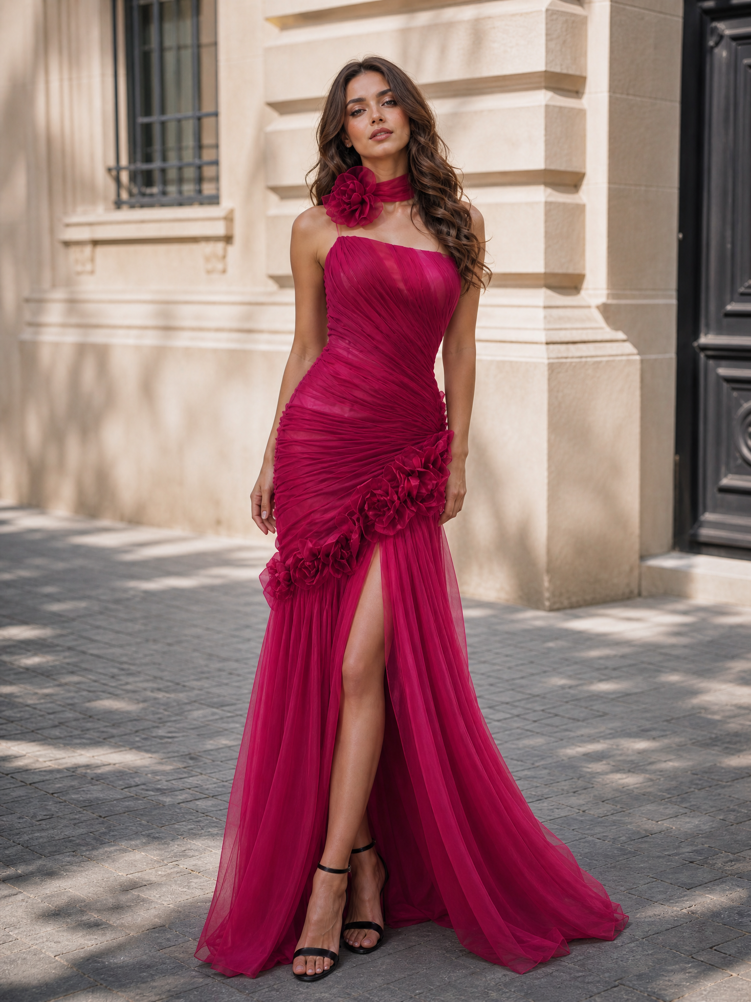 Wine Red 3D Floral Strapless High Slit Tulle Mermaid Evening Dress