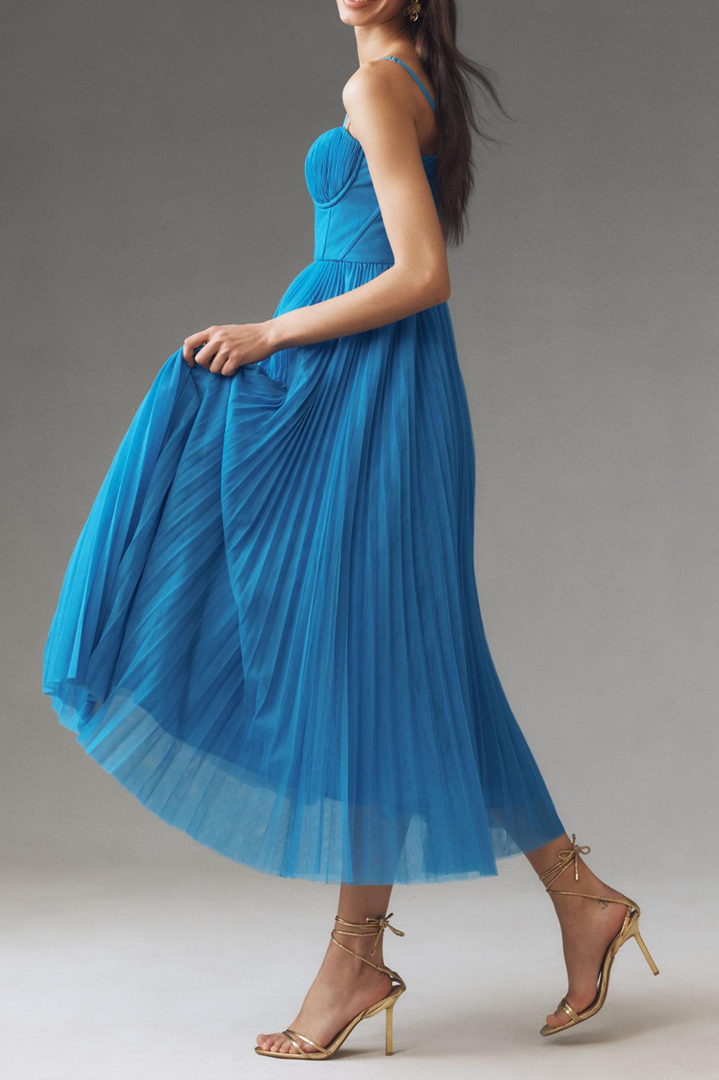 Corset Pleated Tulle Fit & Flare Midi Dress